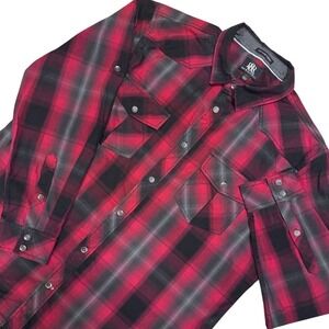 Rock & Republic Button Down Shirt Mens XL Red Black Plaid Western Easy Care